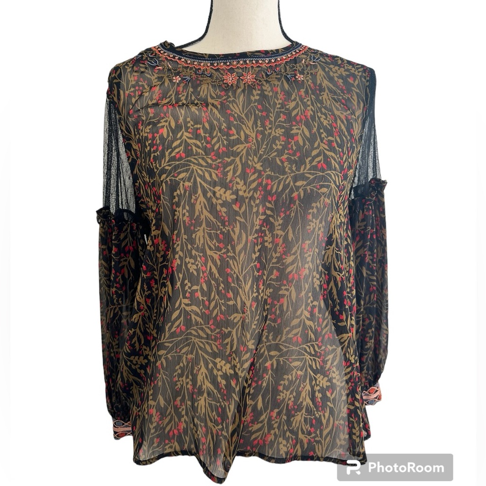 Zara Floral Print Long Sleeve Blouse with Mesh Sleeve